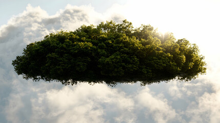Fototapeta premium A dense green tree island floating in the cloudy blue sky