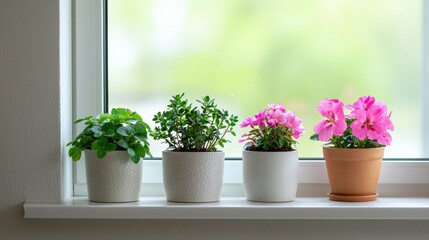 Bright indoor plants in stylish pots on a window sill.