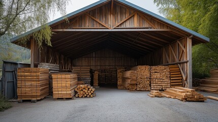 Naklejka premium Stacked lumber and firewood are stored inside an open wooden shed structure on an overcast day for industry.