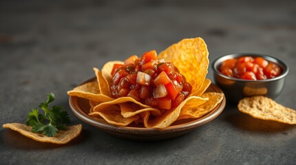 Delicious tomato salsa served with crunchy tortilla chips for a tasty snack