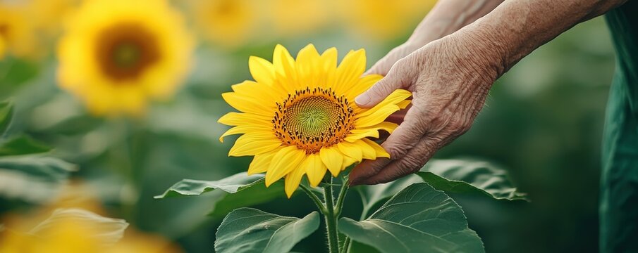 A hand gently holds a vibrant sunflower in a field.