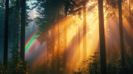 Enchanting Sunlight Filtering Through Dense Forest With Rainbow and Misty Atmosphere
