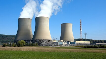 A power plant with industrial vents emitting light green-colored smoke.