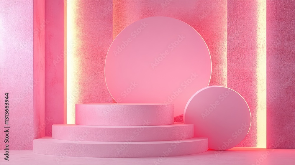 Aufkleber a vibrant minimal design featuring a bold pink backdrop, floating geometric shapes, and a textured p