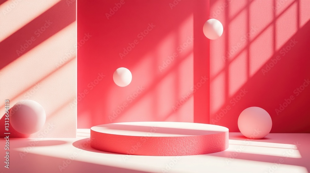 Poster A vibrant minimal design featuring a bold pink backdrop, floating geometric shapes, and a textured podium softly illuminated to create depth and focus.