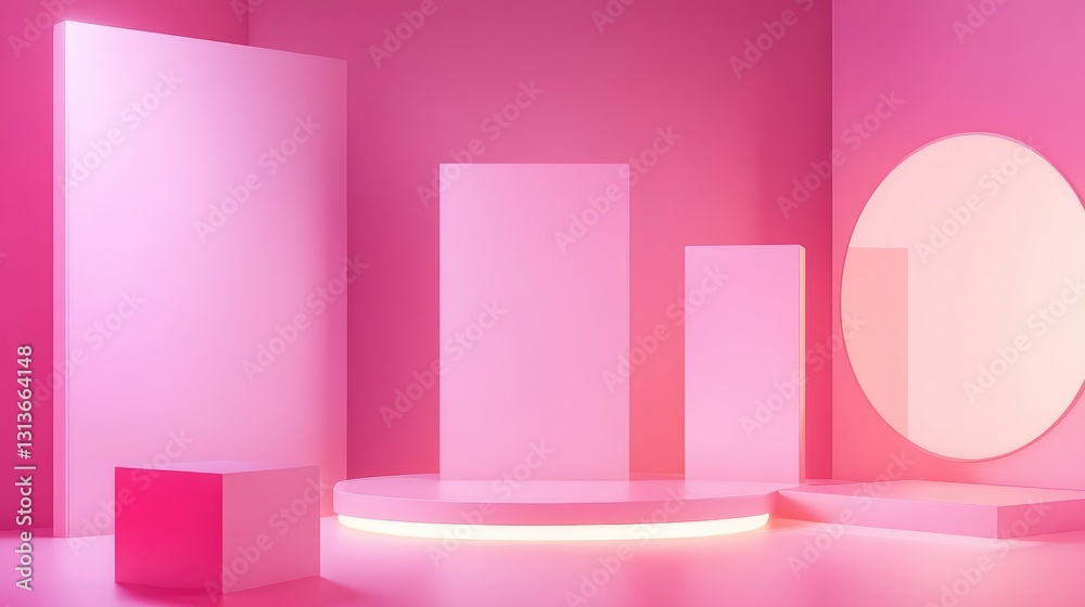 Poster a vibrant, minimal design with a striking pink backdrop, floating geometric shapes, and a subtle ill