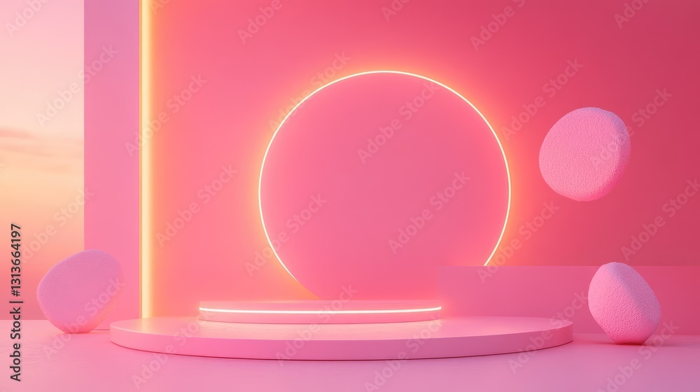 Aufkleber a vibrant, minimal design with a striking pink backdrop, floating geometric shapes, and a subtle ill