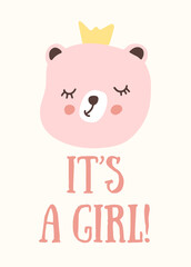 Baby announcement card pink bear girl newborn baby shower cute vector illustration