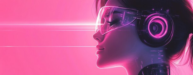 Obraz premium AI robotic icon flat art design Futuristic woman with virtual reality headset.