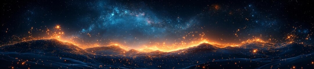 Glowing cosmic waves with celestial lights and swirling space background. Generative AI