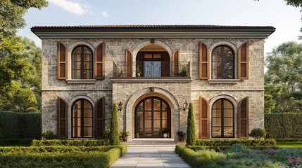 Fototapeta premium Grand two-story stone mansion with arched windows and wooden shutters set within meticulously manicured green hedges for luxury real estate.