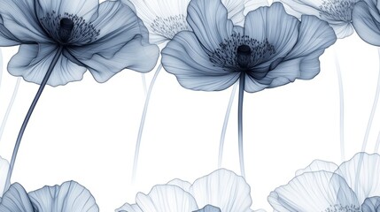 Seamless pattern with elegant translucent blue flowers with delicate petals on a white background. Floral art concept with soft, flowing botanical elements