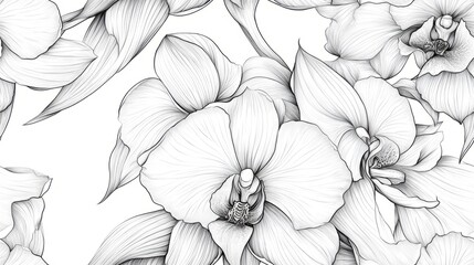 Seamless pattern with detailed black and white sketch of orchid flowers with intricate line work on a white background. 