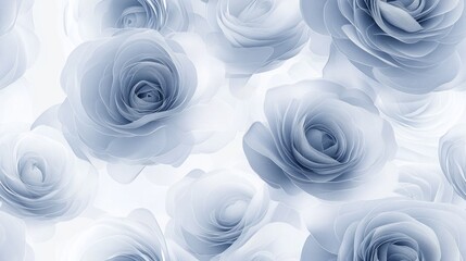 Seamless pattern with delicate translucent blue roses with intricate petals on a soft white background. A dreamy floral conveying elegance and serenity