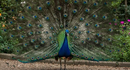 Obraz premium Majestic Peacock with Fully Spread Iridescent Blue and Green Feathers