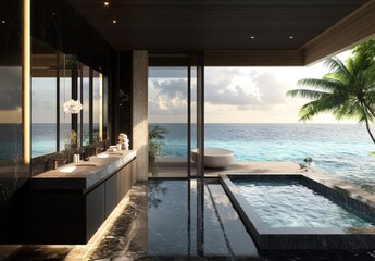 Fototapeta premium Modern Spa Bathroom with Ocean View and Luxurious Interior Design Featuring Bathtub, Pool, and Tropical Landscape in a Serene Atmosphere