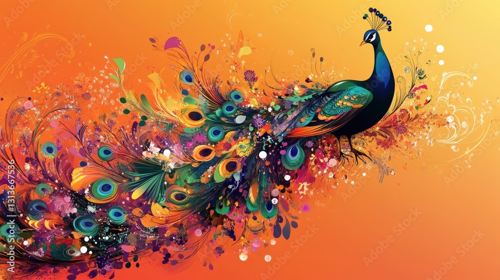 Poster an abstract peacock with beautifully colored feathers and floral designs, creating a striking visual