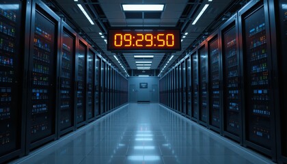 Modern Data Center with Digital Clocks and Server Racks Illuminated