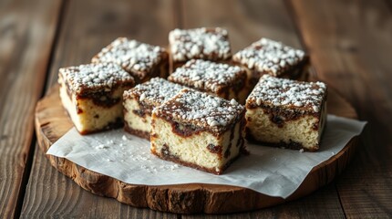 Exquisite homemade marble cake squares arranged on a rustic wooden tray, creating a warm and inviting culinary scene