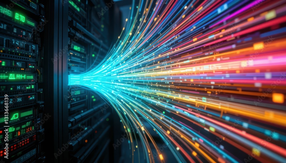 Poster data stream flowing from digital server in high-tech environment
