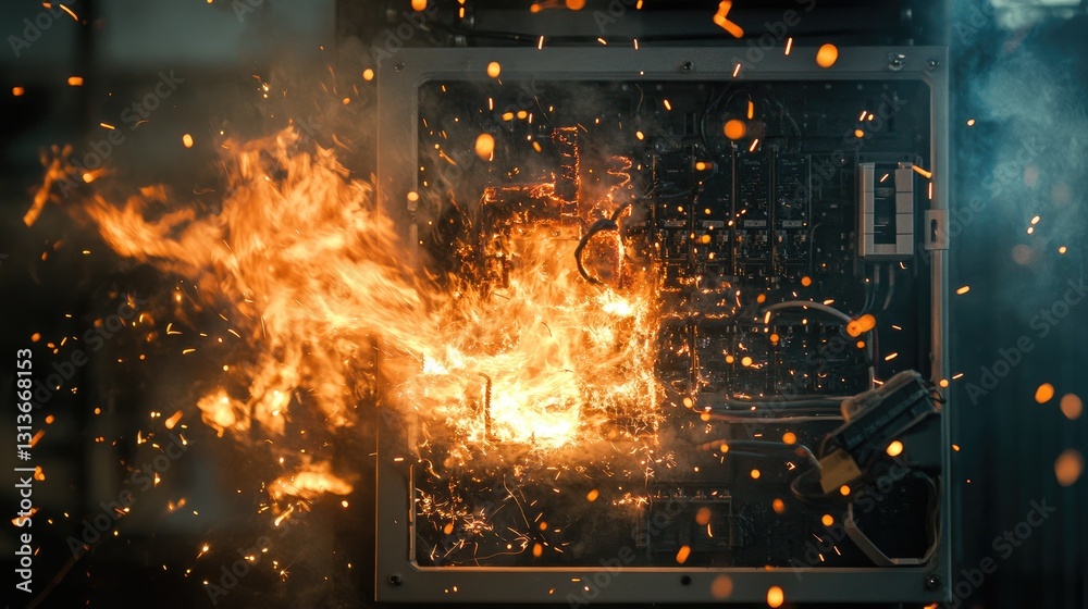 Poster an electrical panel on fire with sparks flying from exposed wires, creating a dramatic and dangerous