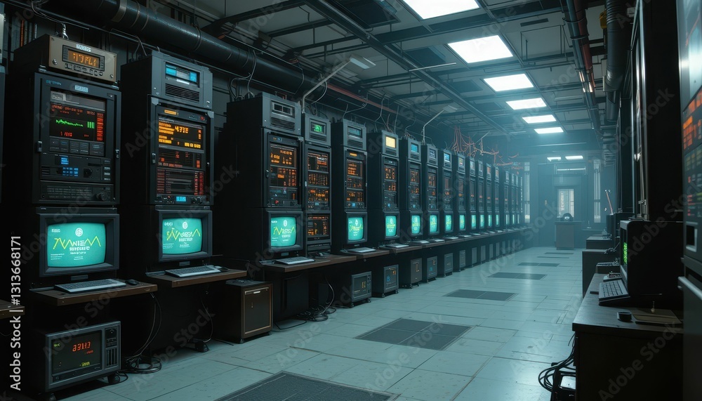 Poster high-tech server room with multiple computer systems and monitors
