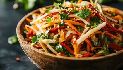 Delicious Colorful Vegetable Salad in Wooden Bowl