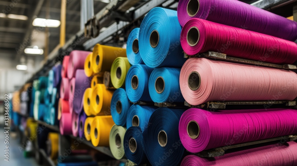 Poster an industrial factory with vibrant rolls of fabric in a wide spectrum of colors, capturing the essen