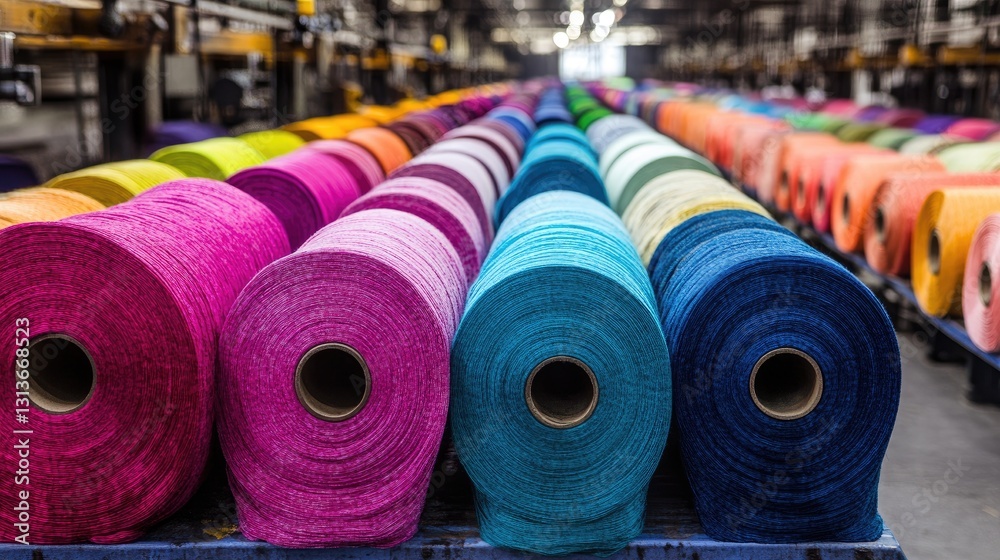Poster an industrial factory with vibrant rolls of fabric in a wide spectrum of colors, capturing the essen