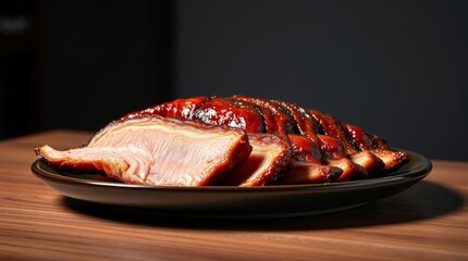 Exquisitely arranged Peking duck, its lustrous skin capturing the allure under professional studio lighting