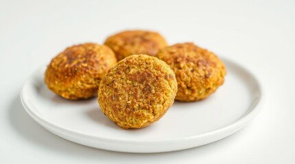 Golden brown and crispy falafel balls on a pristine white plate showcase