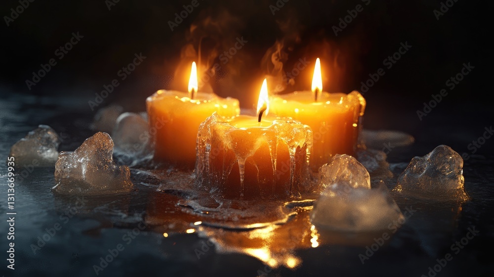Poster candles melting with dripping wax, surrounded by ice cubes in a dark, atmospheric setting that evoke