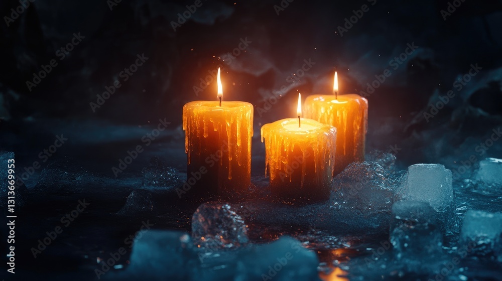 Poster candles melting with dripping wax, surrounded by ice cubes in a dark, atmospheric setting that evoke