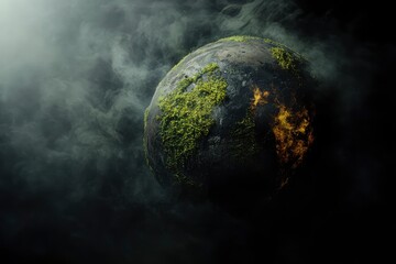 An Earth with dark smoke and fire coming out of it. global warming concept