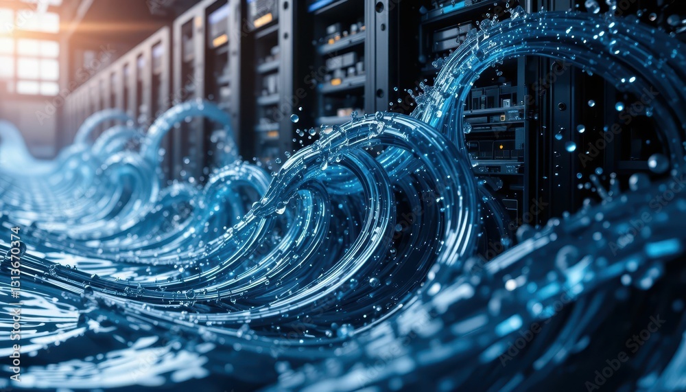 Poster digital waves flowing through server room with high-tech background