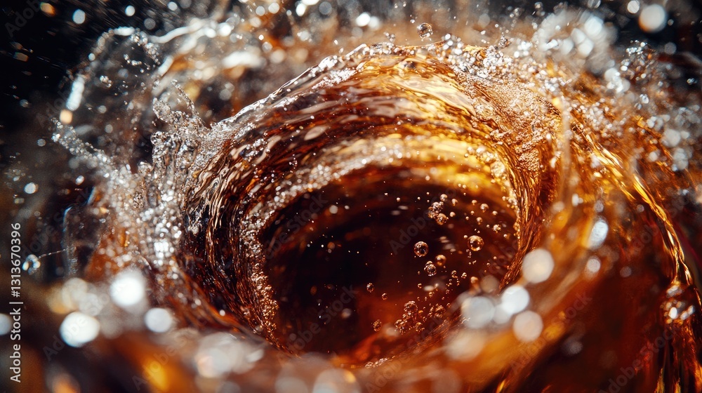 Poster Cola swirling in a dynamic vortex motion, with fizzy bubbles and sparkling highlights, creating an intense and dramatic effect against a dark backdrop