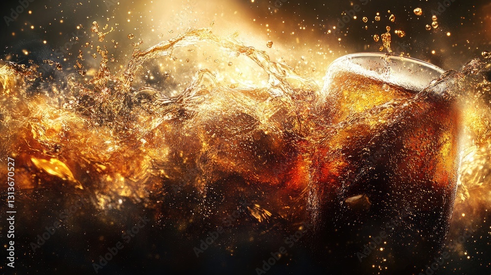 Poster Cola swirling in a dynamic vortex motion, with fizzy bubbles and sparkling highlights, creating an intense and dramatic effect against a dark backdrop