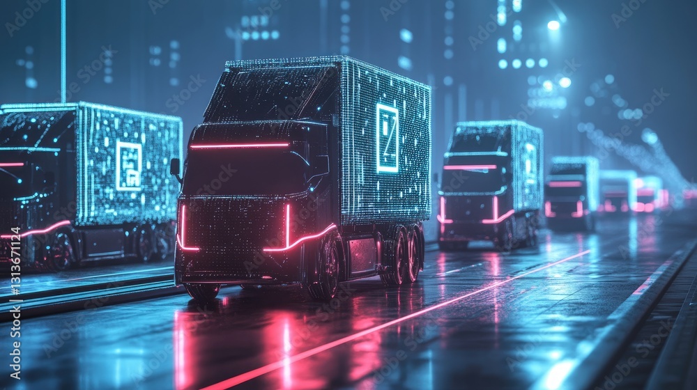 Aufkleber connected futuristic delivery trucks with bright glowing lines and digital squares, highlighting the
