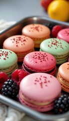 Obraz premium A close-up shot of colorful macarons with fresh raspberries and blackberries, arranged on a grey plate, showcasing a delightful and elegant dessert presentation.