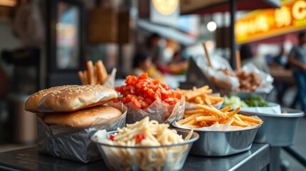 Inviting Street Food Display Showcasing Culinary Delights with Shallow Depth of Field