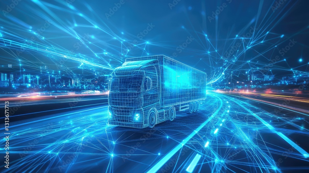 Poster Digital mesh of glowing blue lines and abstract truck network design, representing futuristic transportation technology, with interconnected data and digital elements.