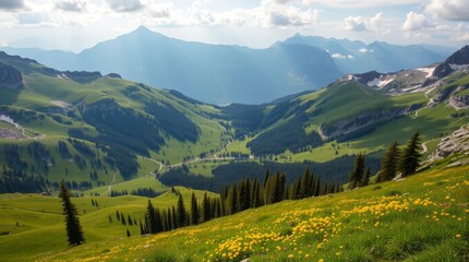 Obraz premium Lush Alpine Valley View with Vibrant Meadows and Distant Mountainscape Majesty