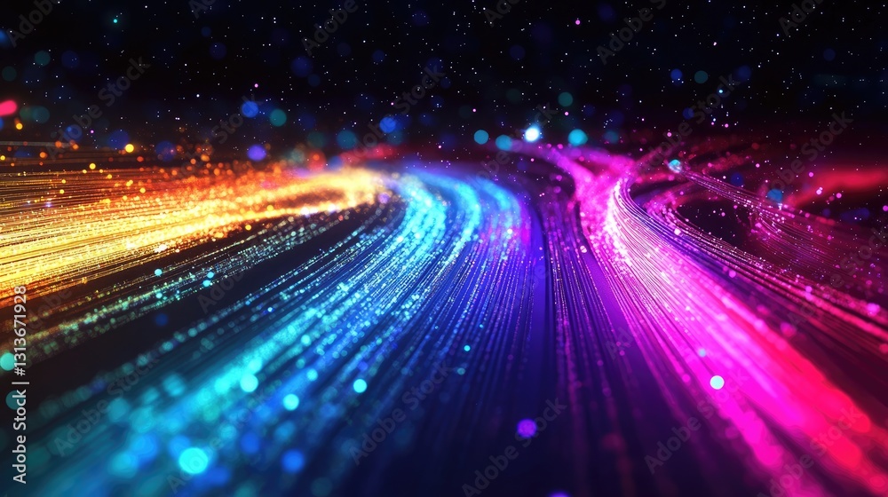 Poster fiber optic cables with light signals running through a dark environment, emitting colorful pulses o