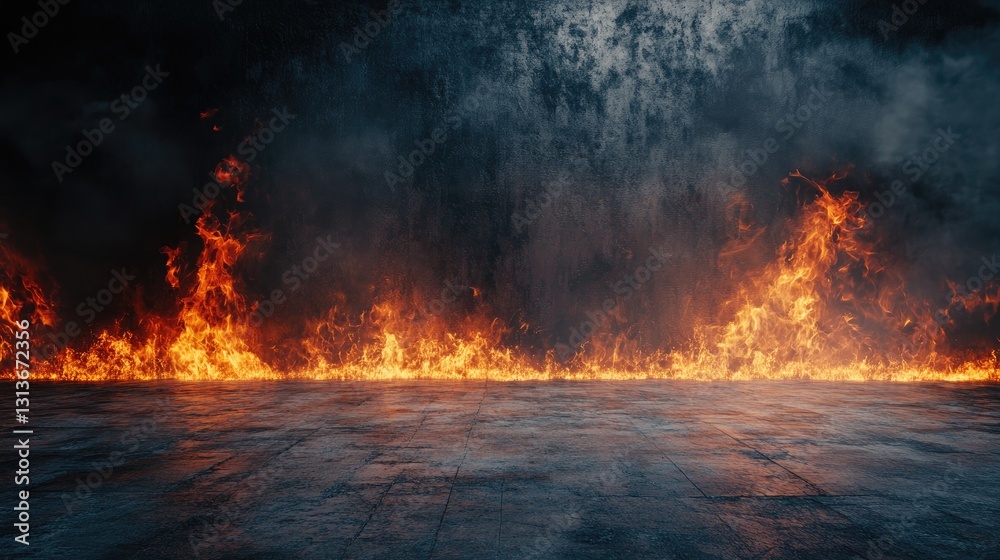 Poster Flames and smoke realistically enveloping a blank concrete surface, creating an intense and dramatic backdrop with a strong sense of heat and destruction.