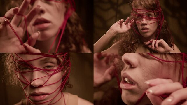 Split screen of Caucasian gen Z woman touching red threads tangled around her head, fearfully looking at camera