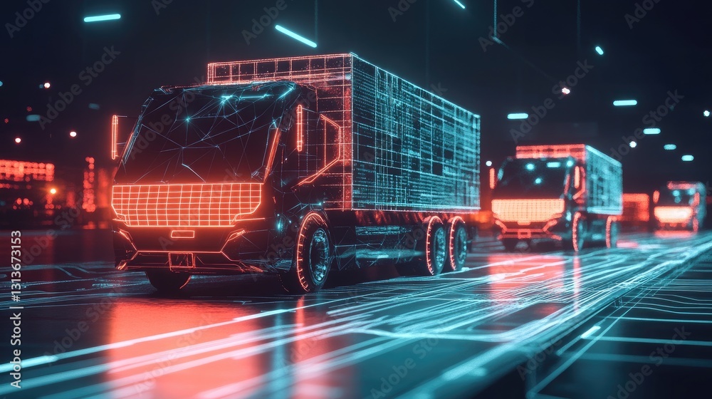 Poster futuristic delivery trucks with neon glowing lines and squares interconnecting them, representing cu