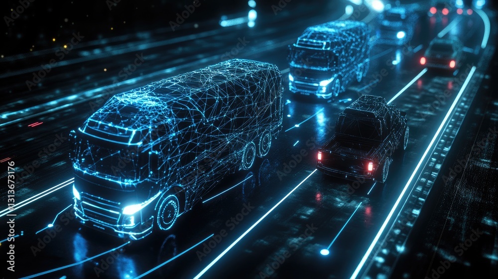Poster Glowing blue lines and abstract network design forming a digital representation of trucks on the move, connected in a seamless and futuristic transportation system.