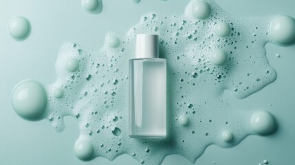 Clear bottle with transparent liquid surrounded by bubbles on a soft green background, creating a calming and refreshing atmosphere for skincare or beauty products