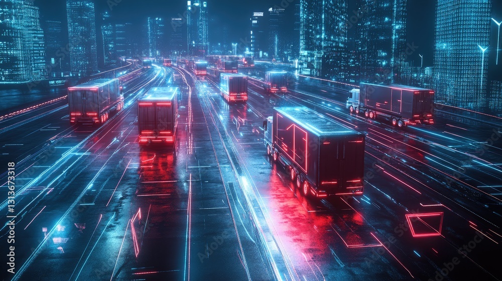 Poster Glowing lines and squares connecting futuristic delivery trucks, forming an integrated network of fast and efficient transport technology in a modern city setting.