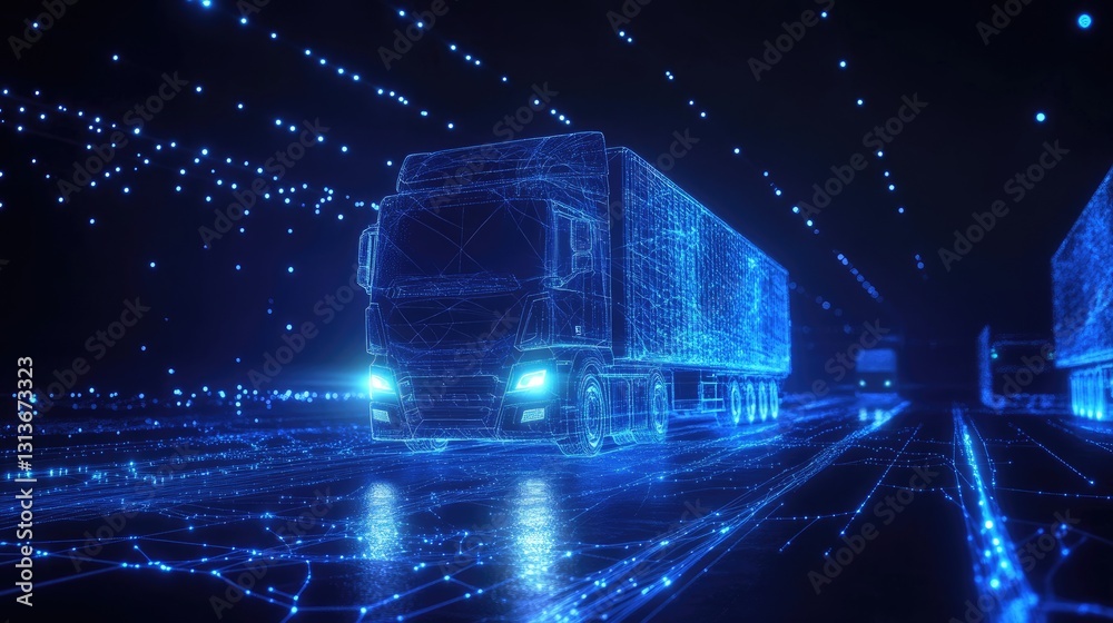 Poster Glowing blue lines and abstract network design forming a digital representation of trucks on the move, connected in a seamless and futuristic transportation system.